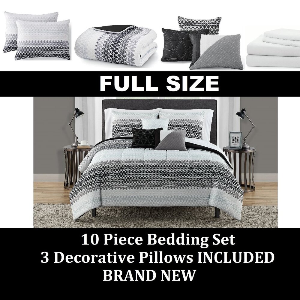 NEW FULL SIZE 10 Piece Bed in a Bag Comforter Bedding Sheets 3 Decorative Pillow